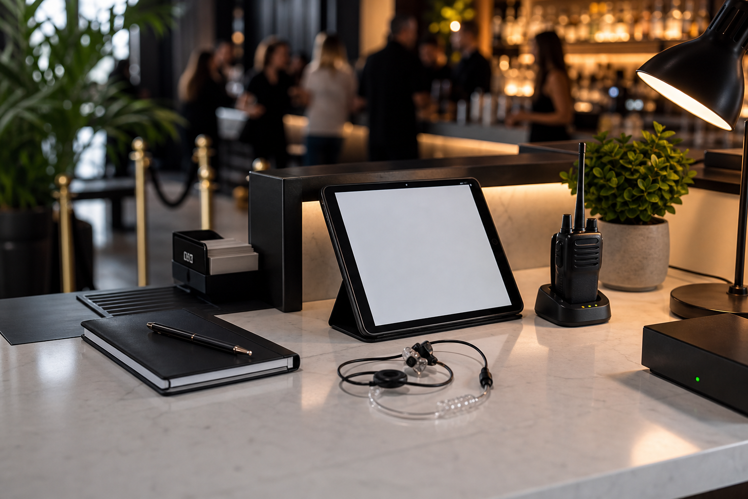 Venue security operations desk with radio, guest list tablet and hospitality lighting